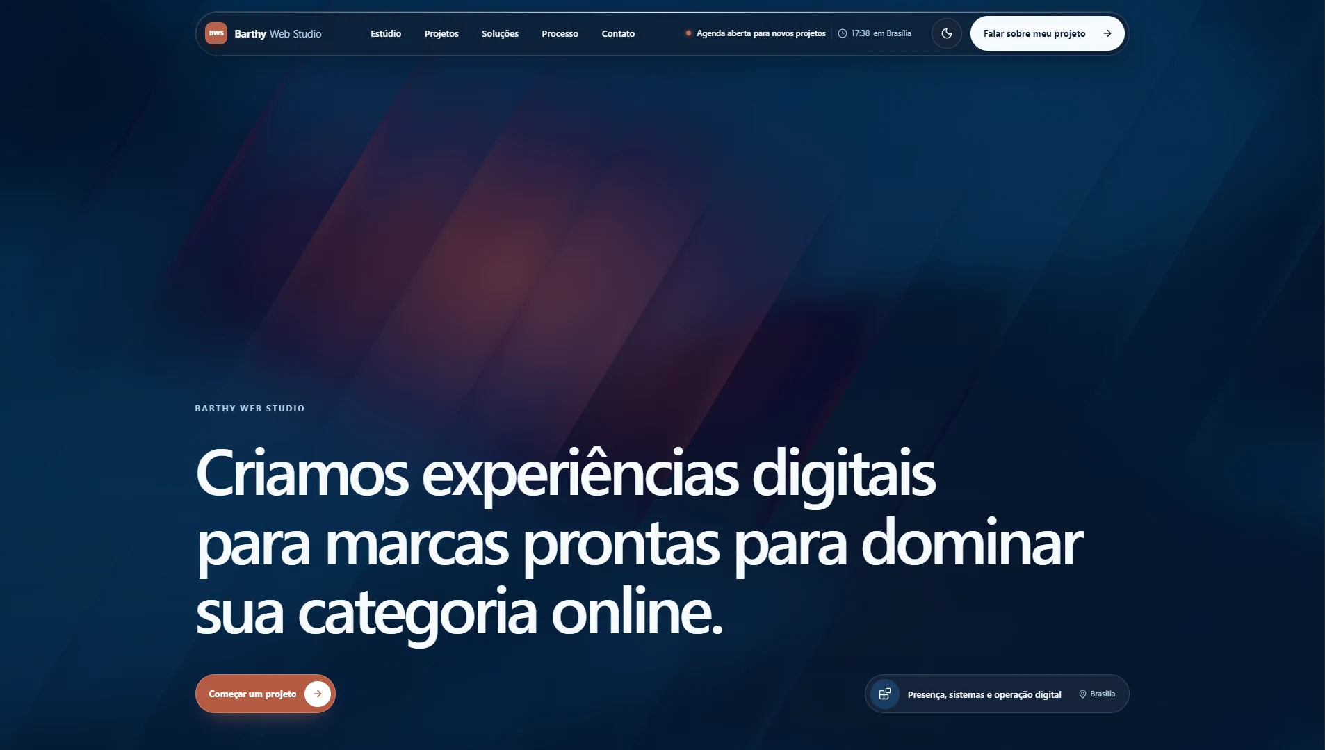 Interface da Barthy Web Studio V2 em modo escuro — página inicial.