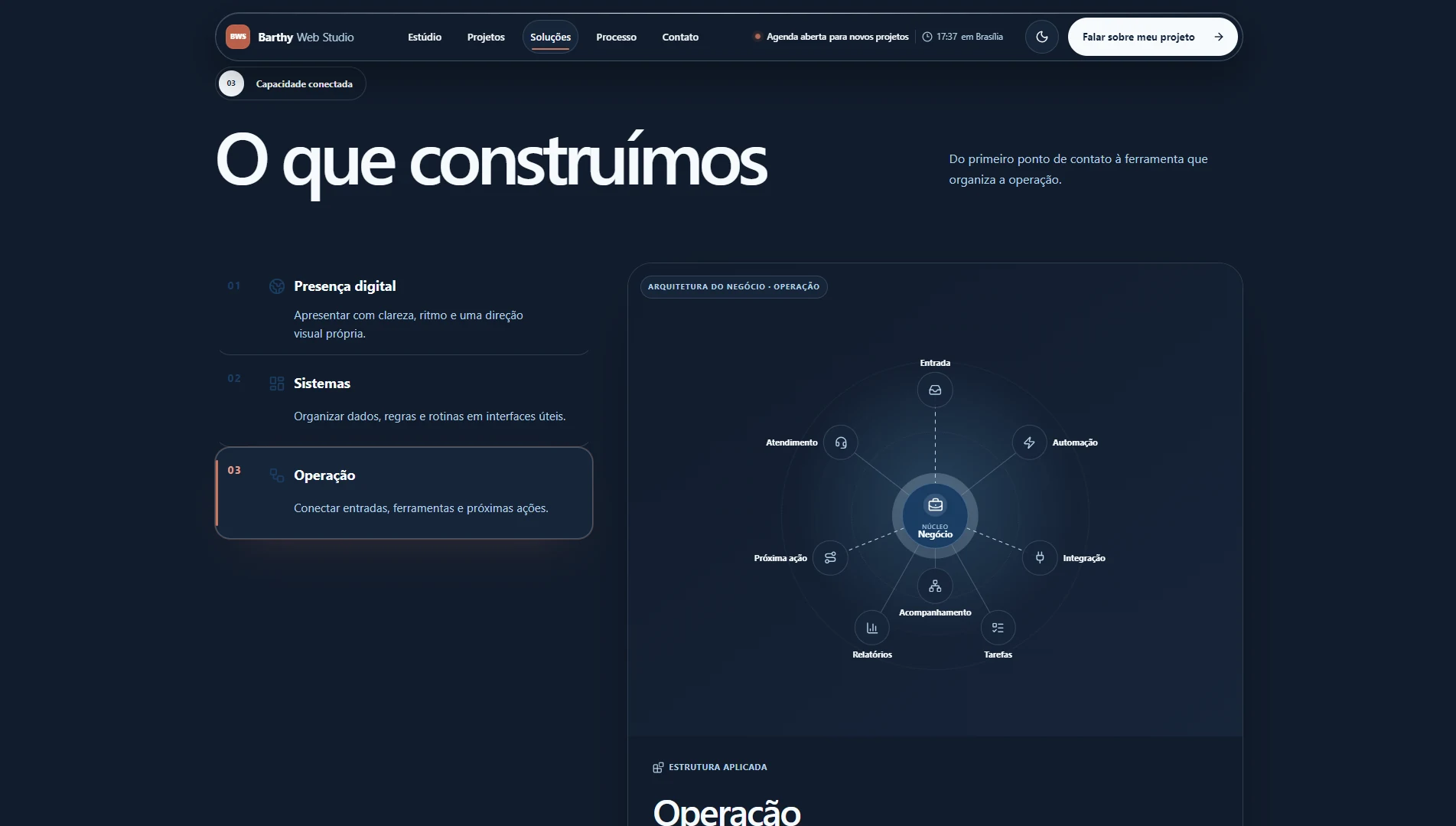 Interface da Barthy Web Studio V2 em modo escuro — seção “O que construímos”.