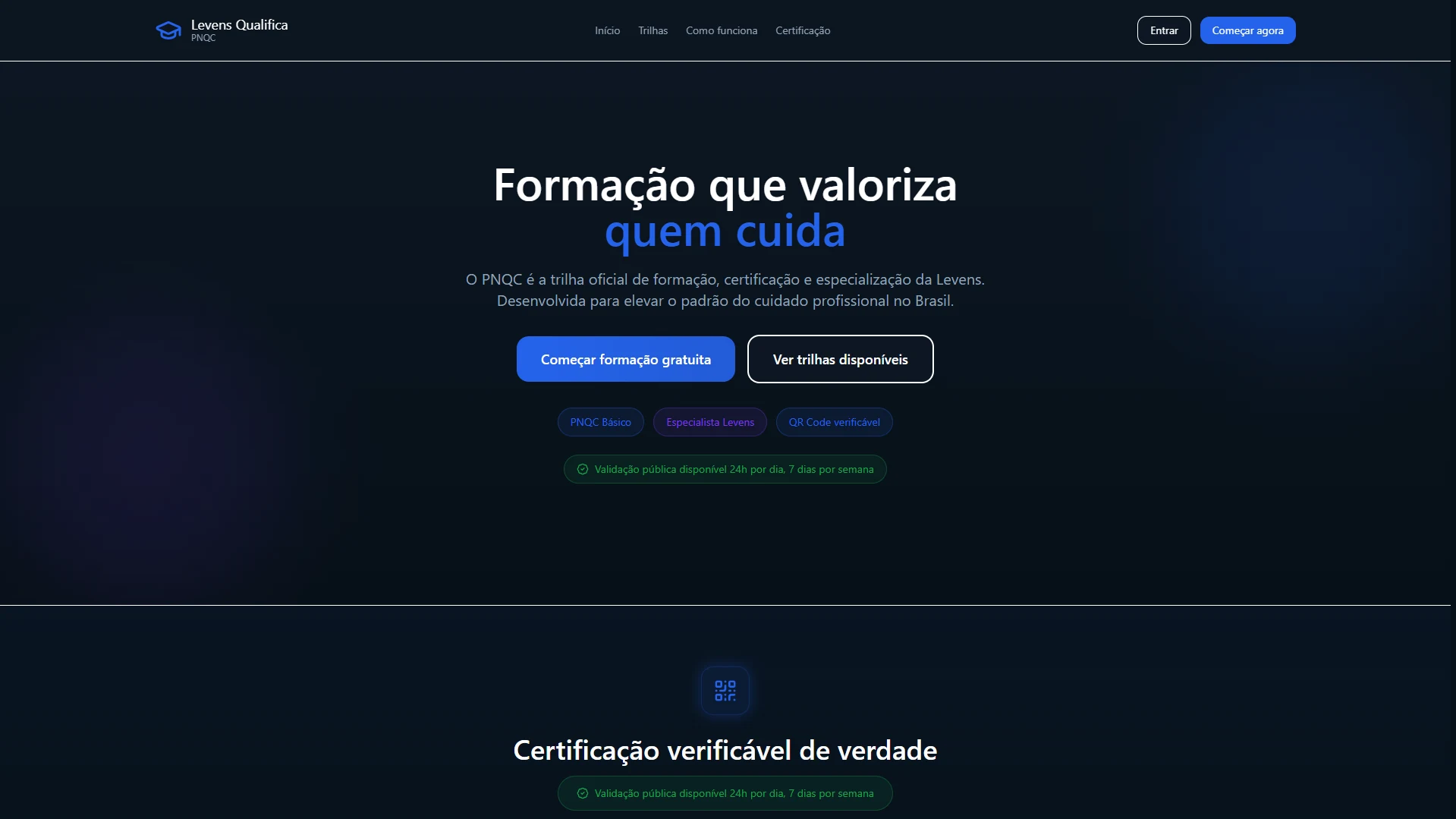 Interface do Levens Qualifica | PNQC — página inicial pública da plataforma.