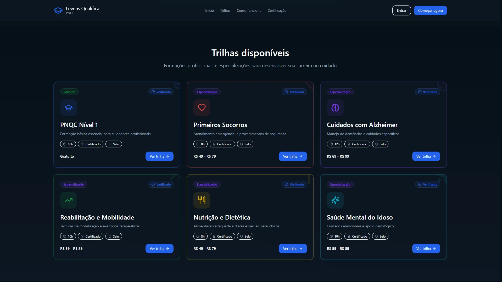 Interface do Levens Qualifica | PNQC — trilhas de aprendizagem disponíveis.